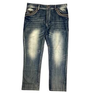 Vintage GS115 Jeans Mens 36X30 Blue Whiskered Fade Distressed Loose Straight